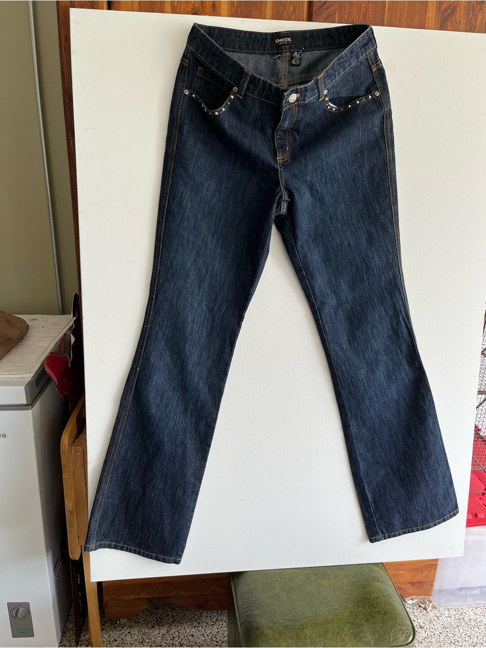 Chico's Dark Wash Flared Jeans with Stud Accents